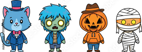 Halloween cartoon character set featuring cat in costume, zombie, pumpkin head figure, and mummy, perfect for spooky artwork, festive design, and seasonal illustration