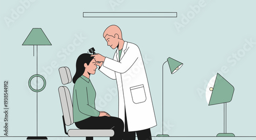 Doctor examining a patient's eye in a medical office.