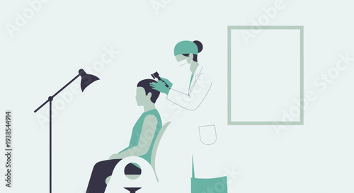 Doctor examining patient in a medical office setting with a lamp.