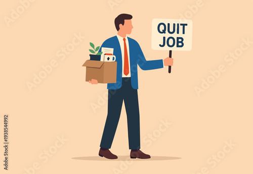 Quit full time job, resignation or end career, change job leaving company, employee termination, unemployment or burnout dissatisfaction exit layoff concept, businessman with stuff with quit job sign