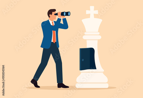 Success strategy, plan ahead to win business competition, leadership vision or looking for opportunity, competitor analysis concept, businessman leader open chess king with binocular to look ahead.