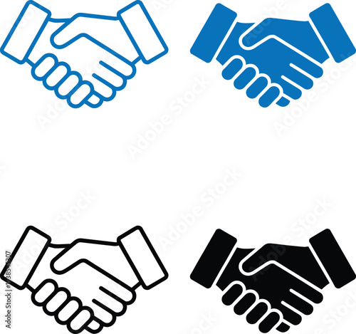 Collection of handshake icons representing partnership business agreement and collaboration in various styles