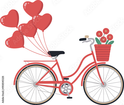 Clean line art illustration of romantic Valentine's bicycle with flower basket, red roses, and floating heart-shaped balloons vector set