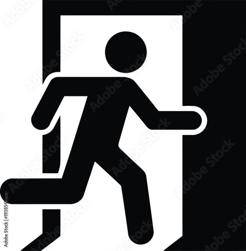 Person running out of a doorway symbolizing emergency exit or evacuation procedure in simple black and white graphic design