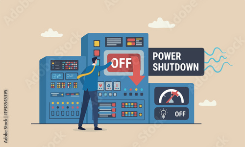 Switch, analytics panel or power shutdown electricity, saving energy and ecology concept, businessman pushing switch to be off in control panel dashboard