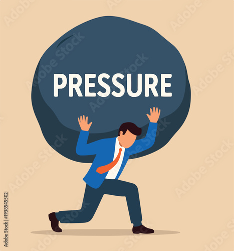Work under pressure, heavy burden or problem, overworked with exhausted despair, responsibility challenge, failure fatigue, excess concept, tried businessman carrying huge heavy pressure burden