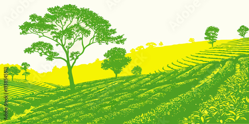 A green and yellow landscape with trees on a hillside Vector