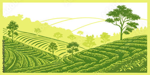 A green landscape with a tree and a field Vector