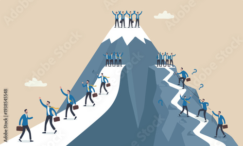Success flat design with clean lines and minimal shading business concept, businessmen compete easy and hard way to climb mountain