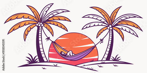 A hammock between two palm trees at sunset Vector