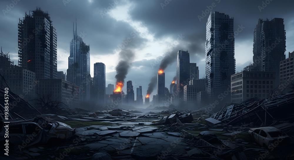 Fototapeta premium Post-apocalyptic cityscape with destroyed buildings and burning skyscrapers