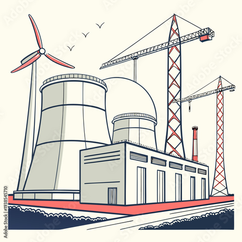 An illustration of a nuclear power plant with a wind turbine and construction cranes on a body of water
