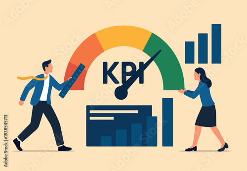 KPI measurement or benchmark, key performance indicator to measure success, return on investment or project efficiency, business people measuring graph with indicator gauge result and KPI word.