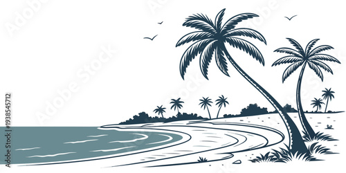 A serene tropical beach with palm trees and a winding path Vector