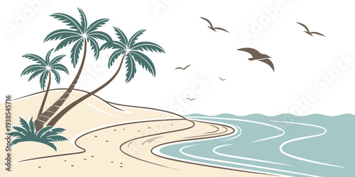 A serene beach scene with palm trees and birds Vector