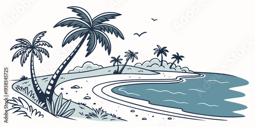 A serene tropical beach with palm trees and calm waters Vector