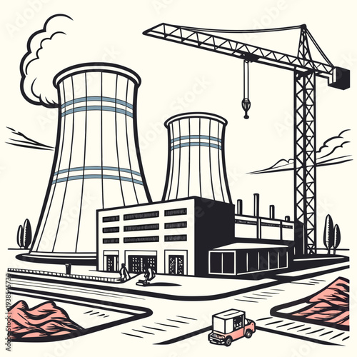 A black and white illustration of a nuclear power plant with cooling towers and a crane