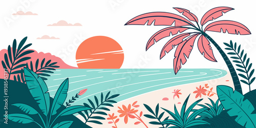 A colorful tropical beach scene at sunset with palm trees and flowers Vector