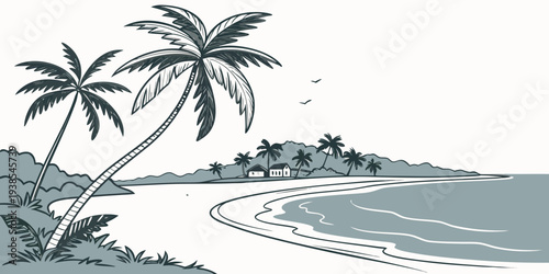 A serene beach scene with palm trees and calm waters Vector