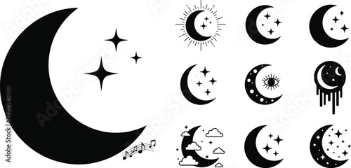 Crescent Moon Icon Set with Stars Night Sky Celestial Symbols Collection Vector Illustration
