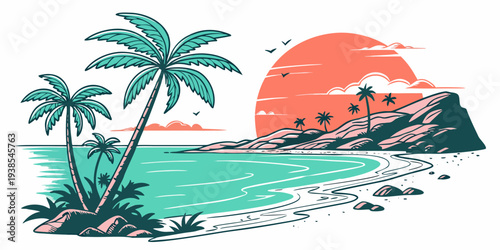 A serene tropical island at sunset with palm trees Vector