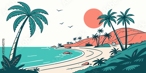 A serene beach scene with palm trees and a sunset Vector
