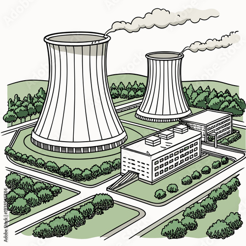 An illustration of a nuclear power plant with cooling towers emitting steam into the air