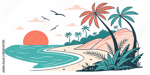 A tropical island beach scene at sunset with palm trees Vector