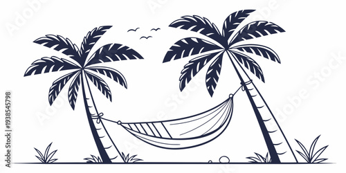 A hammock between two palm trees on a sunny day Vector