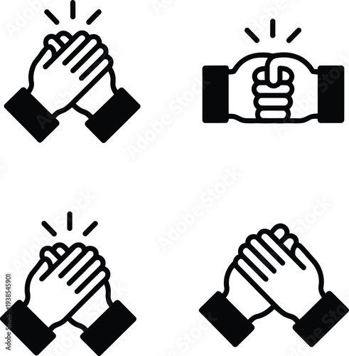 Collection of black and white hand gesture illustrations symbolizing greeting respect and agreement or partnership on a white background.