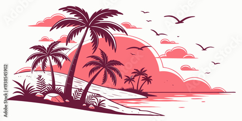A serene tropical island scene at sunset Vector