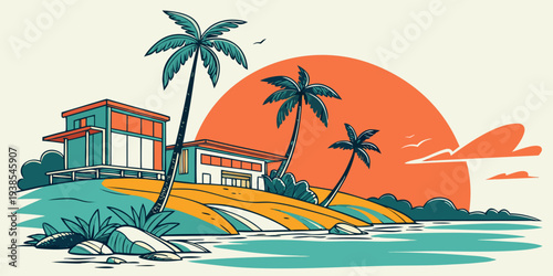 A colorful illustration of a tropical island with a house and palm trees Vector