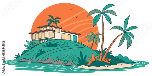 A tropical island with a house and palm trees at sunset Vector