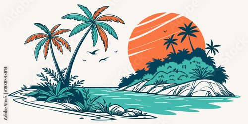 A tropical island with palm trees and a sunset Vector