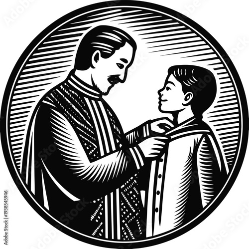 Vintage priest blessing young boy vector illustration