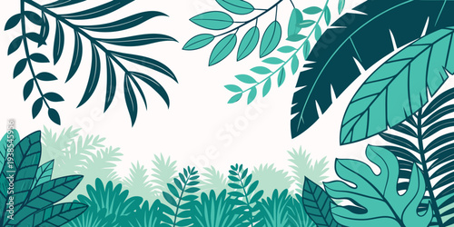 A lush arrangement of green tropical leaves on a white background Vector