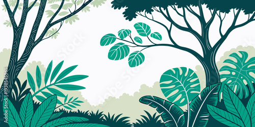 A lush green forest with trees and plants Vector