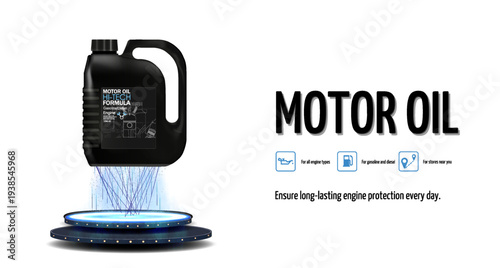 Motor oil pouring from container on a platform with blue lights in a modern design setting