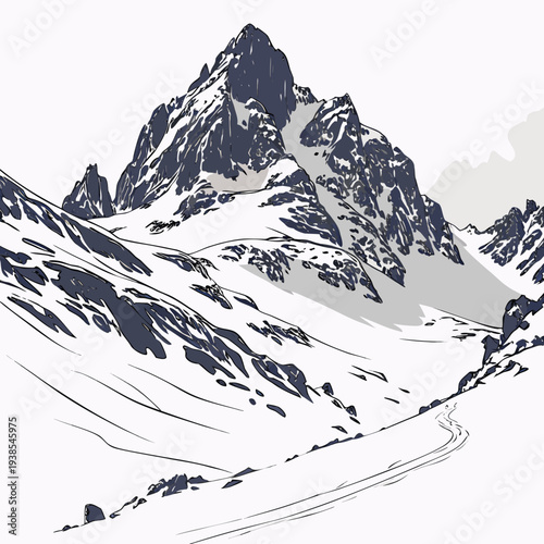 A stunning black and white illustration of a snow covered mountain range with rugged peaks and slopes