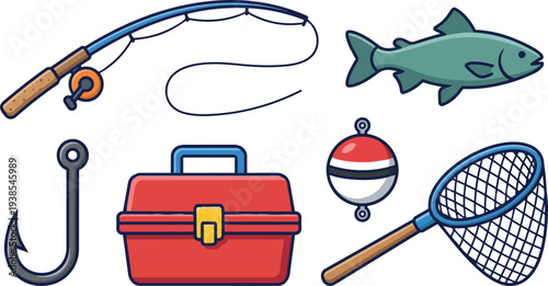 Flat design overhead colorful fishing gear set with rod, hook, tackle box, bobber, net and fish close up white background