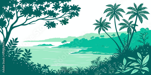 A serene tropical landscape with palm trees and a body of water Vector