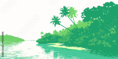 A serene tropical landscape with lush greenery Vector