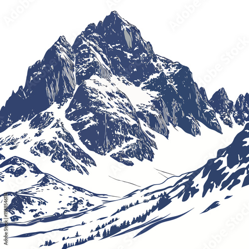 A stunning blue and white illustration of a snow covered mountain range with trees and slopes