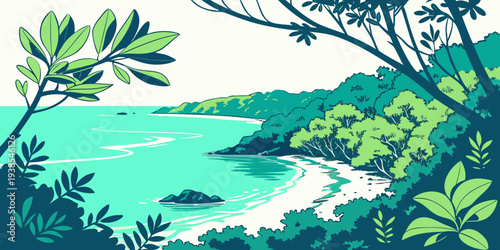 A serene tropical island scene with lush greenery and turquoise water Vector