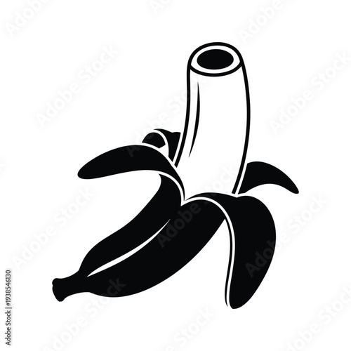 Minimalist Peeled Banana Silhouette Icon - Black and White Stylized Fruit Illustration