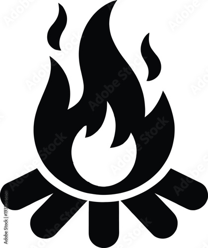 Simple black and white illustration of a campfire with flames rising from burning logs on a clean white background for outdoor designs