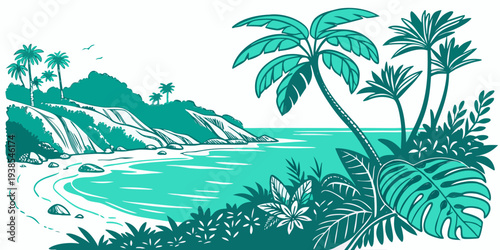 A serene tropical landscape with palm trees and a body of water Vector