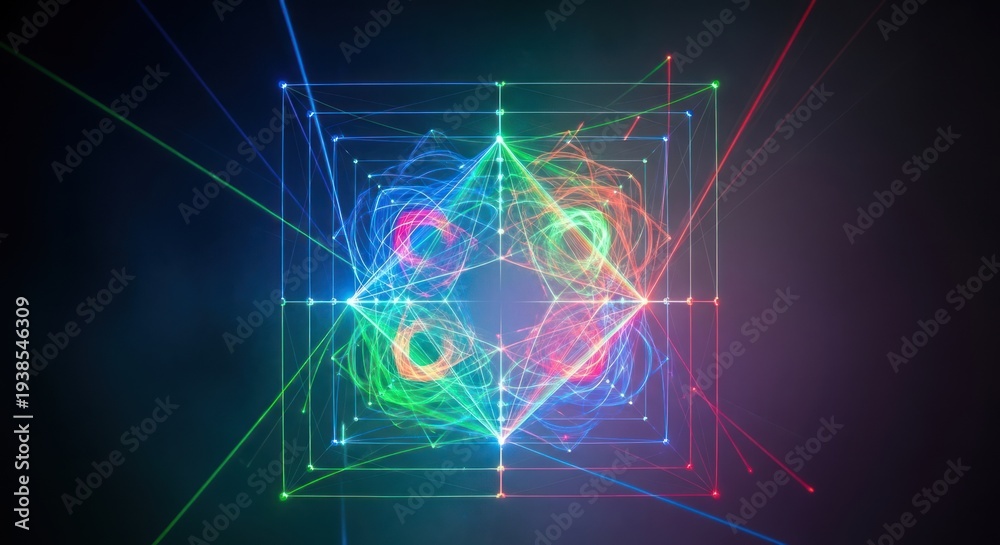 Obraz premium Abstract geometric composition with vibrant light patterns on dark background