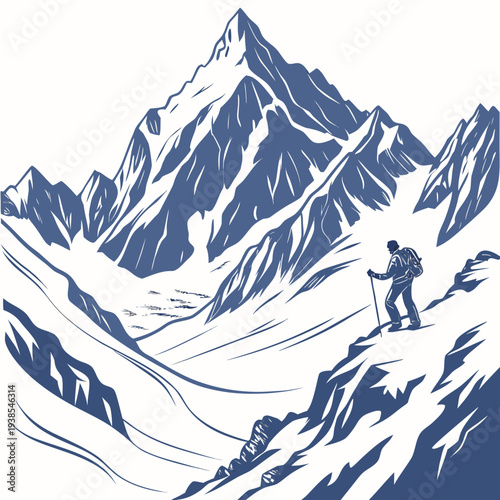 A hiker climbing a snowy mountain with a backpack and trekking poles in a scenic landscape illustration