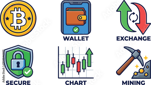 Flat design cryptocurrency icon set showing bitcoin coin, mobile wallet, exchange arrows, secure shield, candlestick chart and mining pick close up